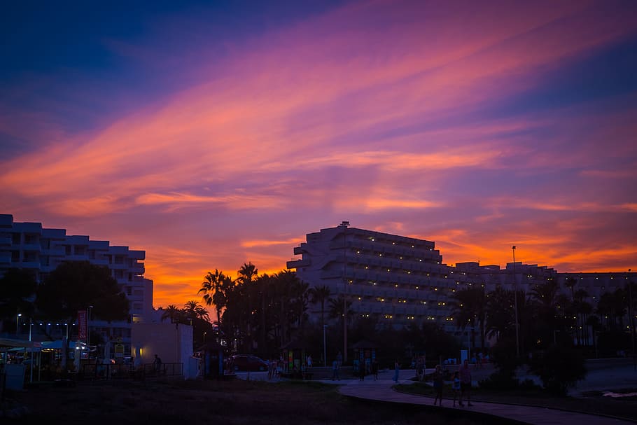 sunset, clouds, hotel, scenery, sky, west, landscape, dawn HD wallpaper