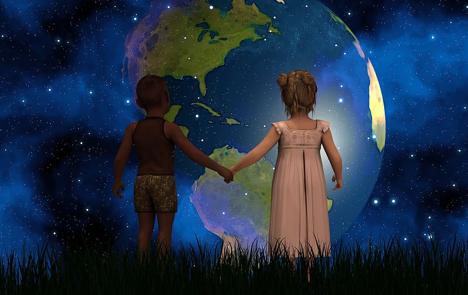 two toddlers hold hands facing earth illustration during nighttime, HD wallpaper