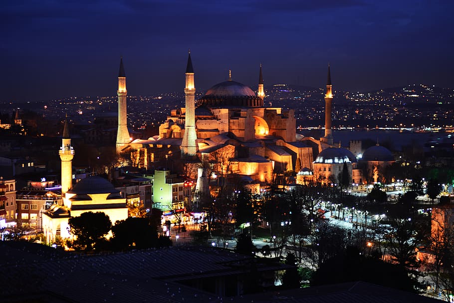 aerial photography of Hagia Sophia, Turkey, cami, night, building exterior