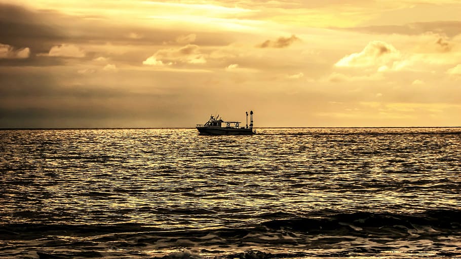 Sunset, Boat, Sea, cloud - sky, nautical vessel, horizon over water HD wallpaper