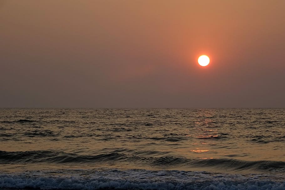 Sunset, Setting, Arabian Sea, sundown, murudeshwar, india, scenics HD wallpaper