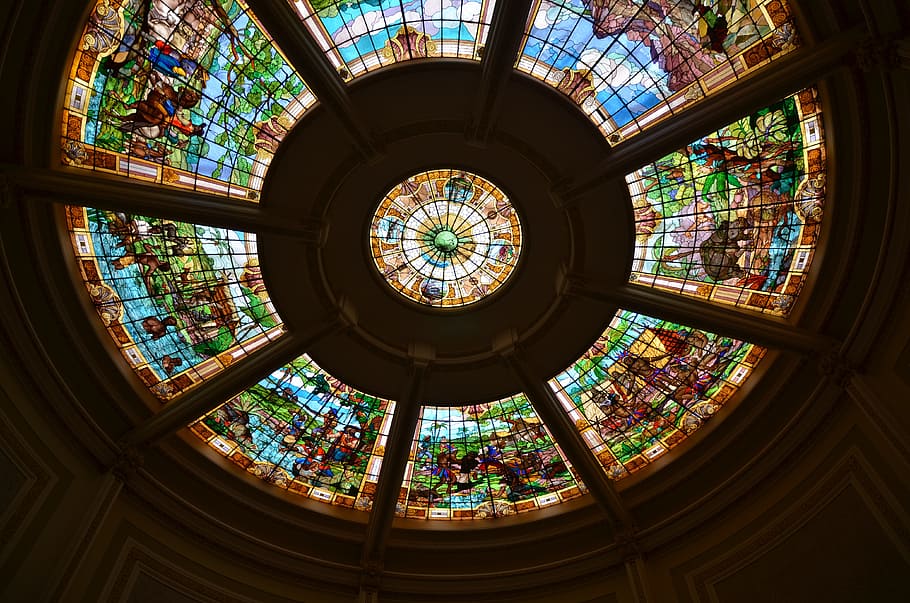 stained glass, araxa, termas, indoors, ceiling, built structure HD wallpaper