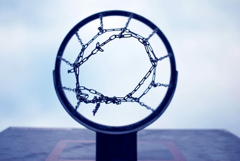 blue steel basketball hoop, chain, looking up, sport, exercise, HD wallpaper