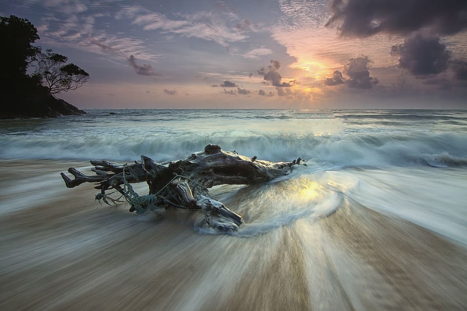 beach, clouds, dawn, dusk, horizon, island, landscape, motion HD wallpaper