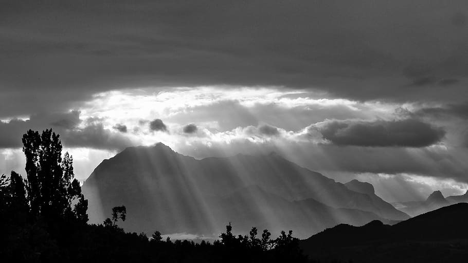 tree silhouette, sun's rays, landscapes, nature, mountain, sky HD wallpaper