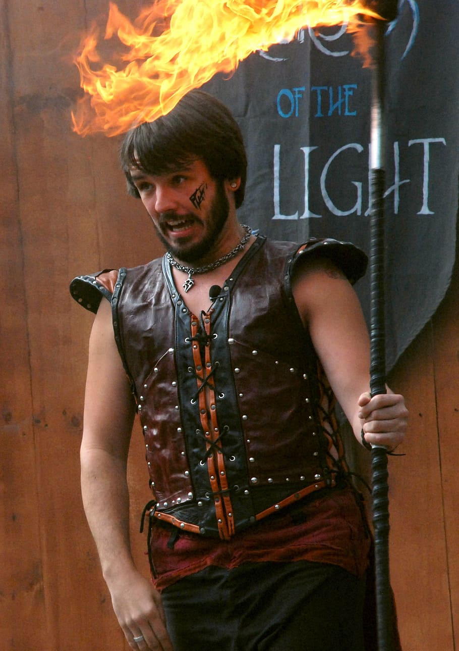 fire, dancer, man, leather, flame, performance, arms, sleeveless HD wallpaper