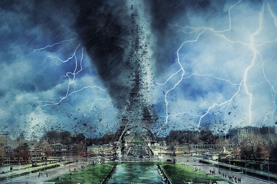 lightning illustration, paris, eiffel tower, storm, weather HD wallpaper