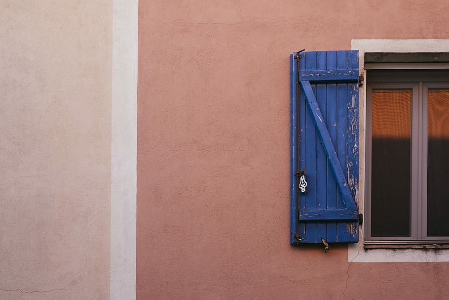 gray wooden window frame, blue wooden window cover near casement window HD wallpaper