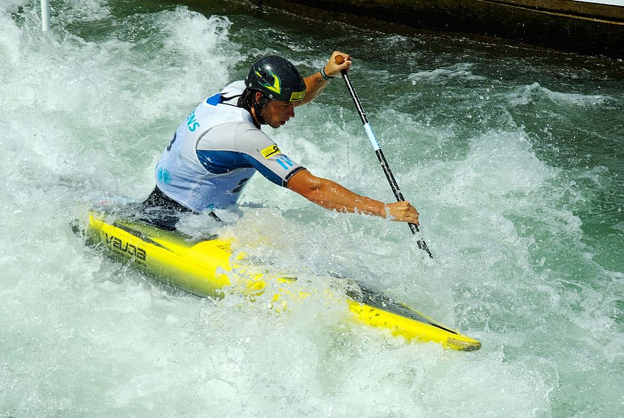 man kayaking on body of water, white water, canoeing, competition, HD wallpaper