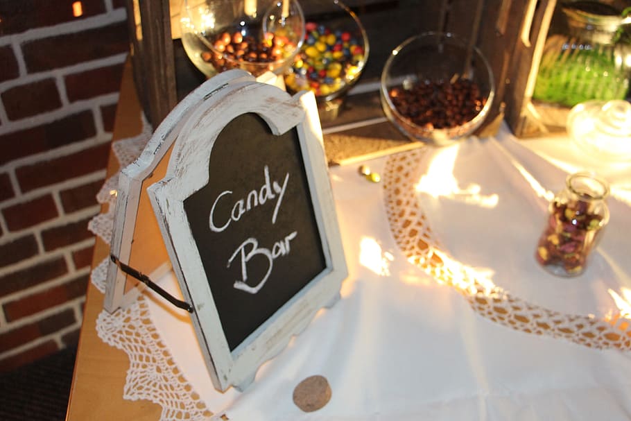 black and white menu board on table, Candy-Bar, Wedding, Candy Bar HD wallpaper