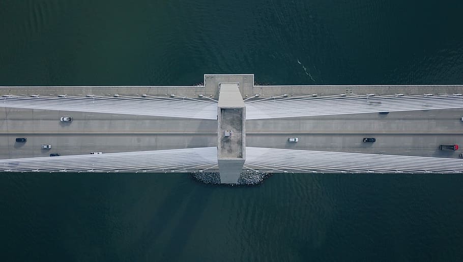 aerial view of bridge, aerial view of bridge on body of water HD wallpaper