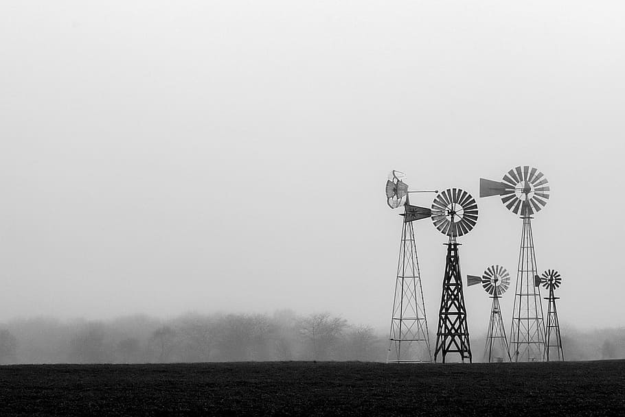 silhouette of five windmills, nothing, none, renewable energy HD wallpaper