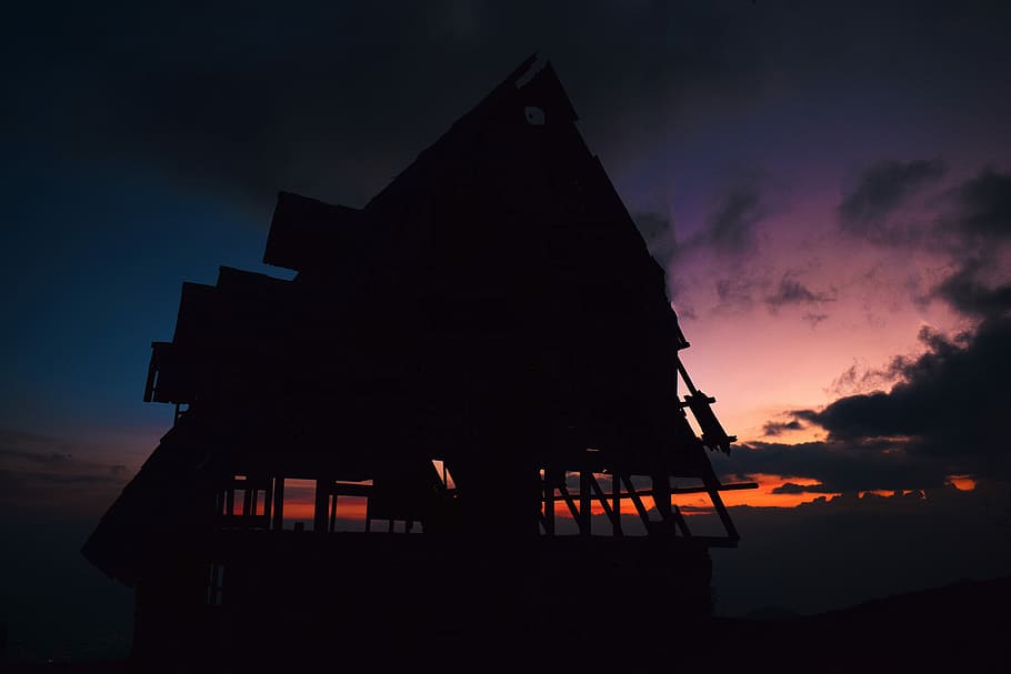 silhouette photography of house, silhouette of house, sunset HD wallpaper