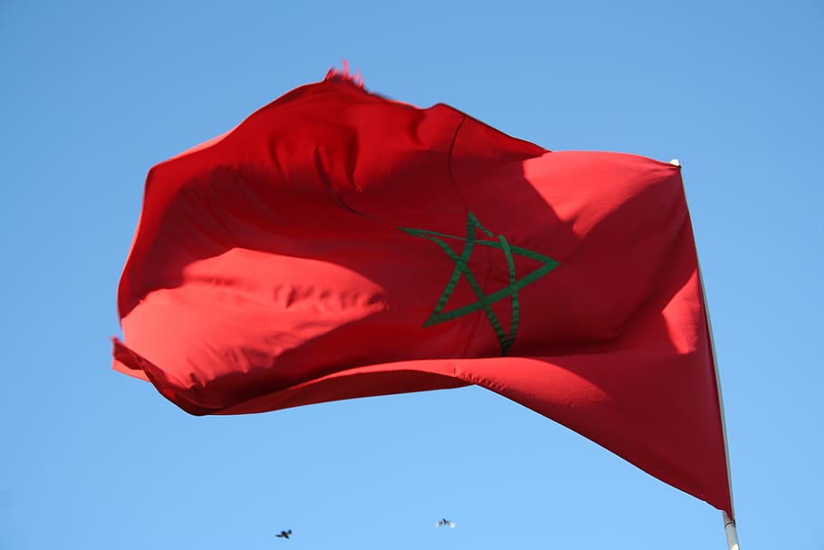 red and green with star flag, morocco, blow, flutter, wind HD wallpaper