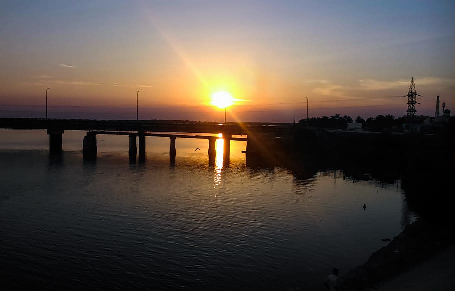 sunset, bridge, summer, night, water, skyline, reflection, silhouette HD wallpaper