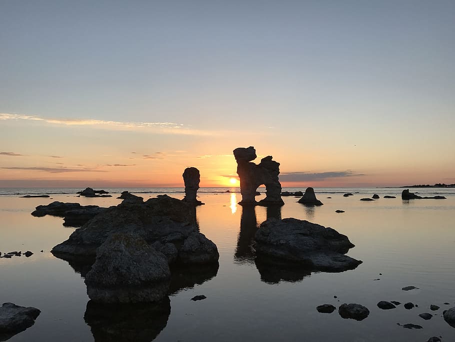 sea stack, old harbor, gotland, sunset, water, rock, rock - object HD wallpaper