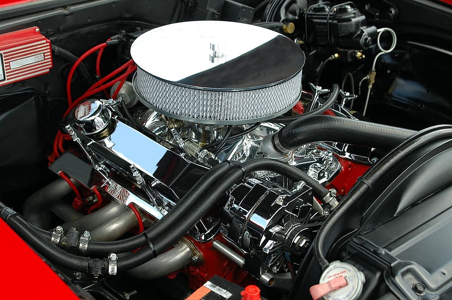 black and red engine bay, car engine, motor, clean, customized