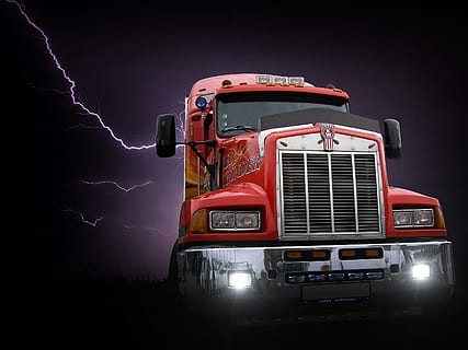 red freight truck, transformer, flash, dark, background, wallpaper HD wallpaper