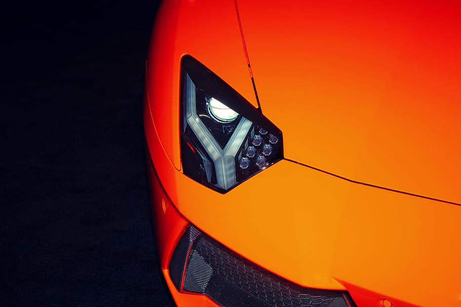 orange Lamborghini Huracan with LED lamps, exotic car, headlight