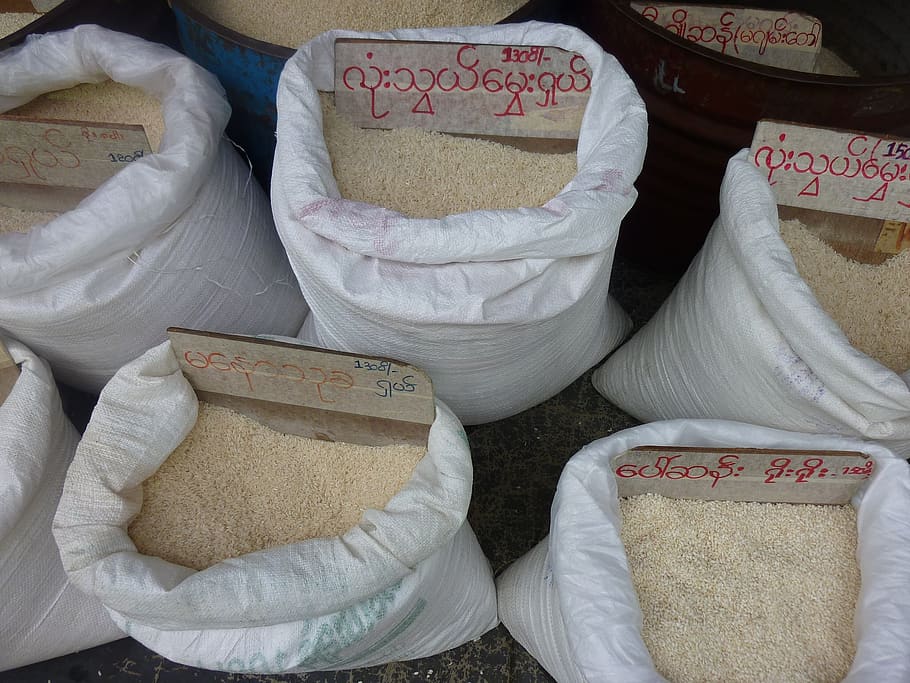 rice, bags, street, myanmar, food, agriculture, grain, sack