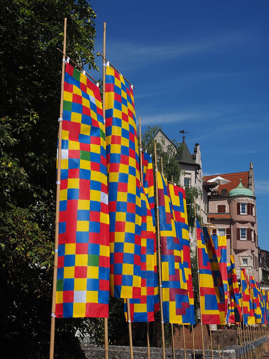 Flags, Colorful, Blow, Wind, Flutter, blue, red, yellow, danube fixed HD wallpaper
