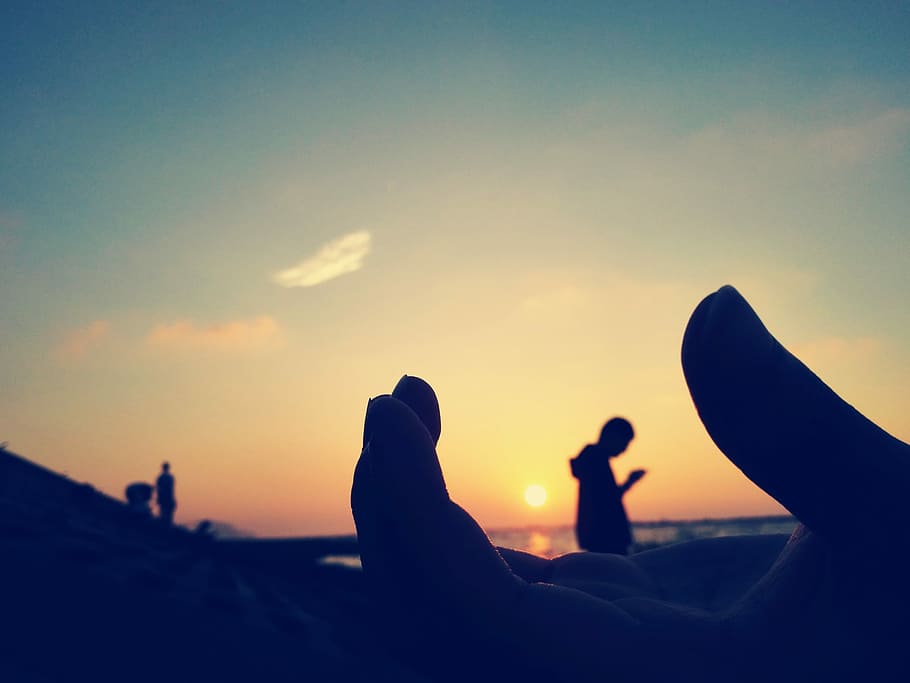 Morning, Sunshine, Sunrise, Hand, People, beach, walk, silhouette