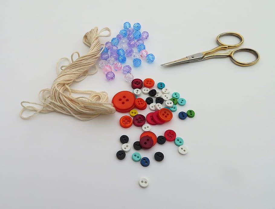 crafting, sewing, thread, scissors, buttons, beads, hobby, creative, HD wallpaper