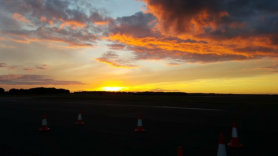 sunset, airfield, lincolnshire, sky, cloud - sky, orange color, HD wallpaper
