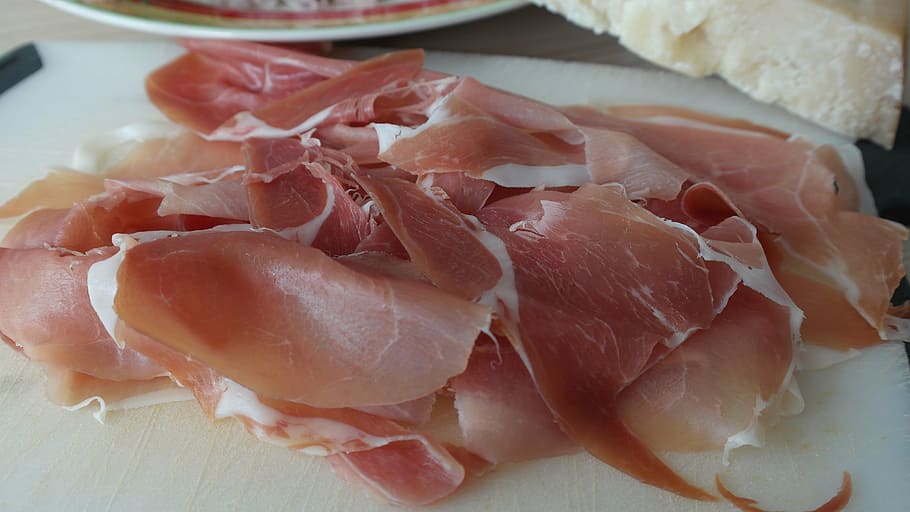 sliced raw meats on white chopping board, ham, parma ham, smoked HD wallpaper