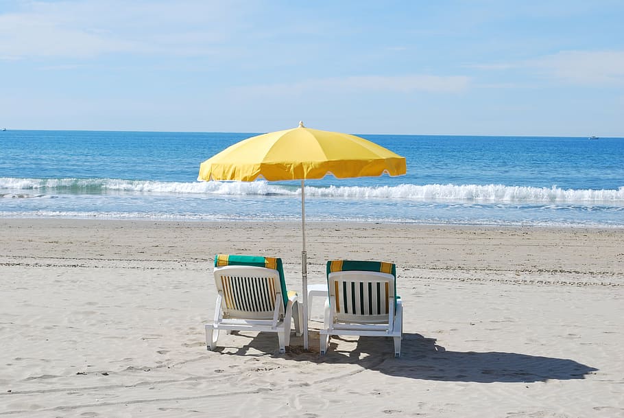 two adirondack chairs on the beach, deck chair, holiday, mediterranean sea, HD wallpaper