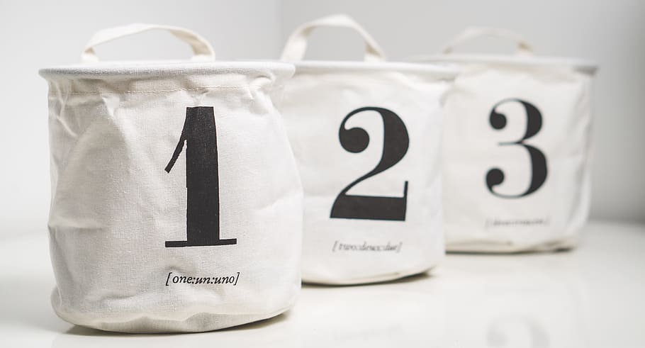three black-and-white 1 2 3 printed fabric bags, numbers, 123