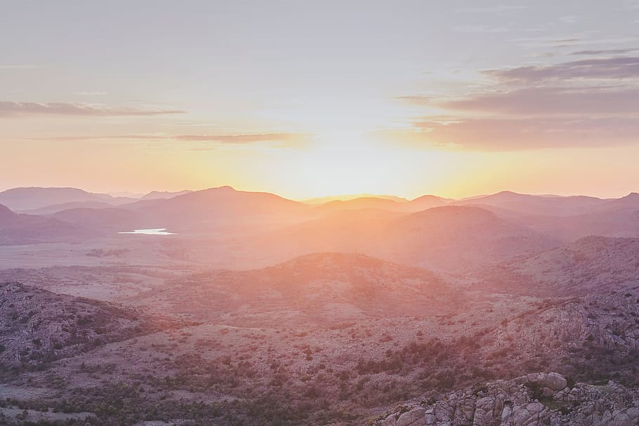 sky, sunlight, sunrise, sunset, nature, landscape, view, mountain HD wallpaper
