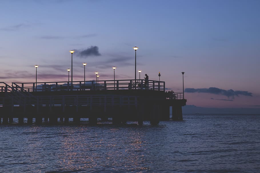 nature, baltic, beach, bridge, clouds, dusk, evening, gdansk HD wallpaper