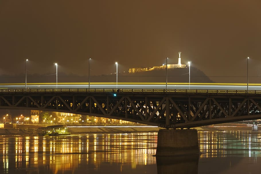 architecture, bridge, building, calm waters, city, city lights HD wallpaper