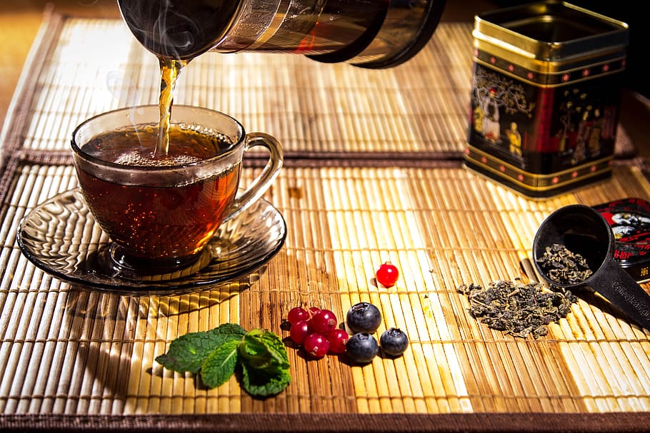liquid poured on teacup, maker, herb, drink, green tea, leaf tea HD wallpaper