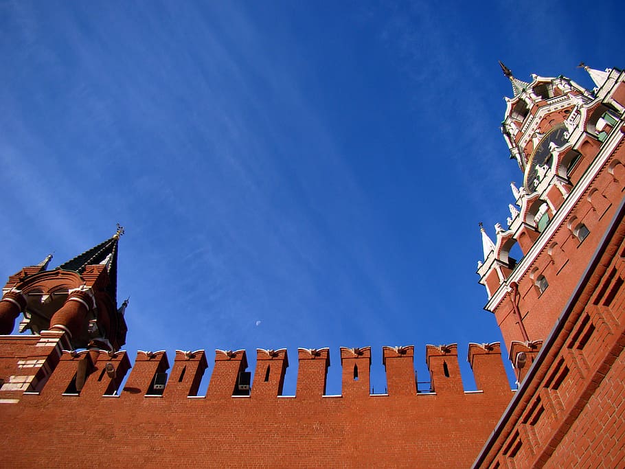 worm's eye view of building, spasskaya tower, wall, from the bottom, HD wallpaper