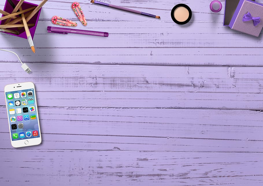silver iPhone 6 near purple pen, mobile phone, pen box, hair clips, HD wallpaper