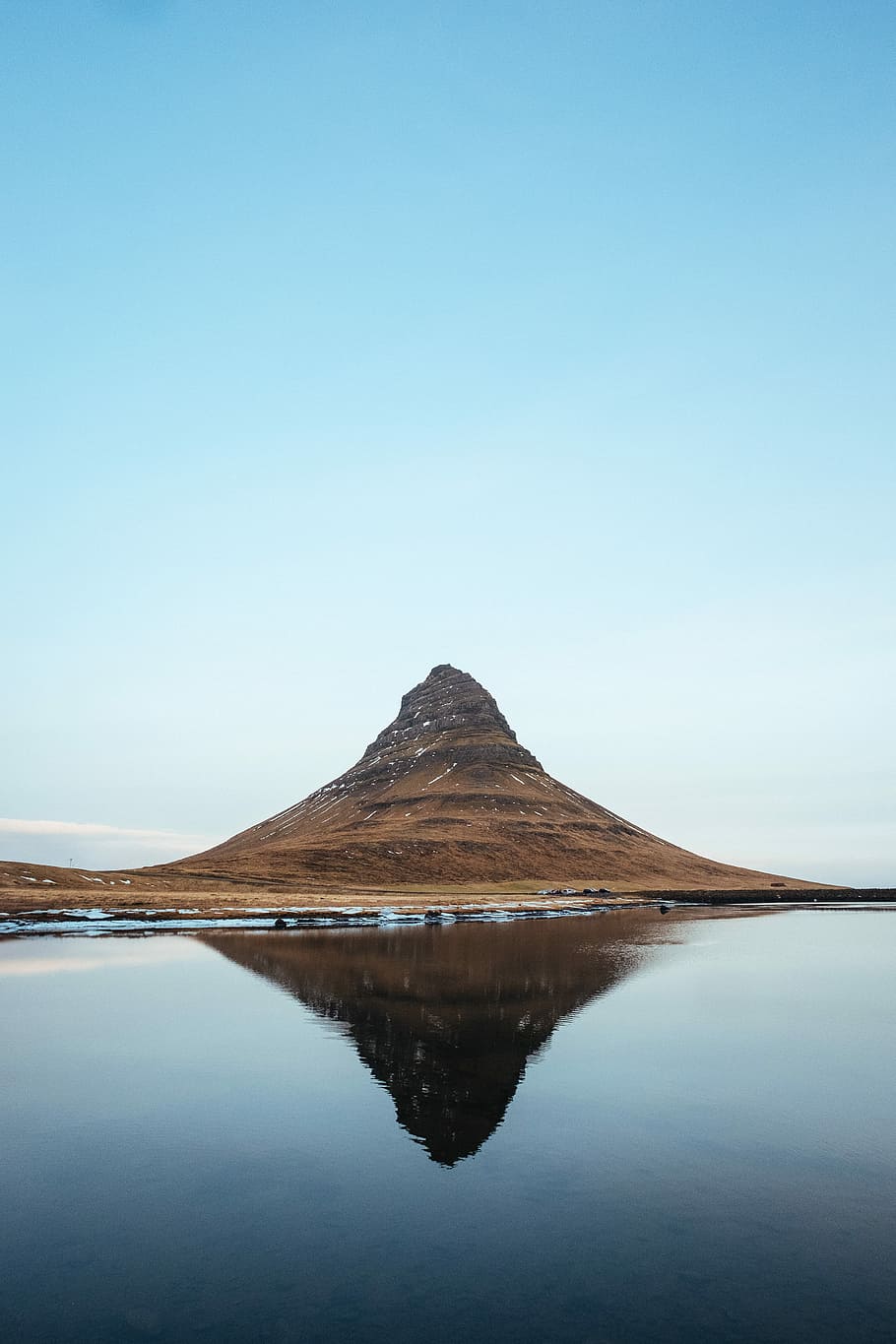 mountain near body of water photo, brown mountain reflected on water during daytime HD wallpaper