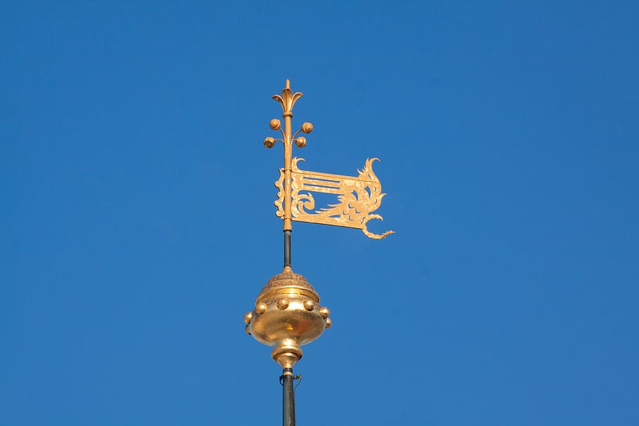 weathervane, gilded, gold, wing, golden, blue, clear sky, lighting equipment HD wallpaper