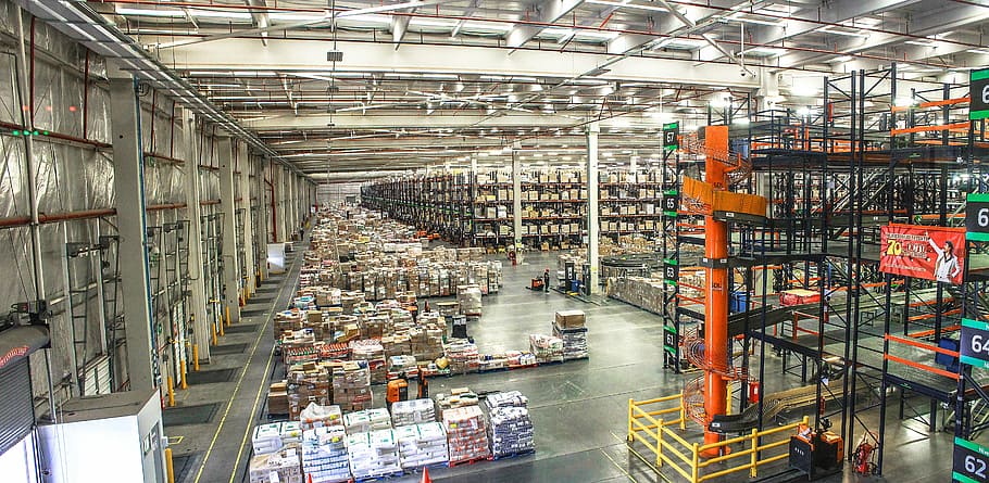 gray steel shelving racks, distribution center, logistics, logistics platform