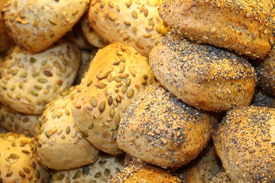 bunch of baked bread with toppings, roll, grain bread, bakery HD wallpaper
