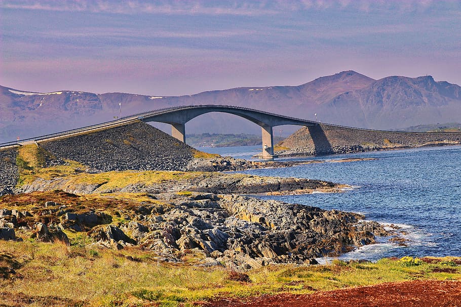 sea, road, landscape, mountains, architecture, bridge, countryside HD wallpaper