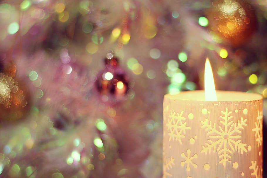 selective focus photo of snowflakes print pillar candle, christmas HD wallpaper
