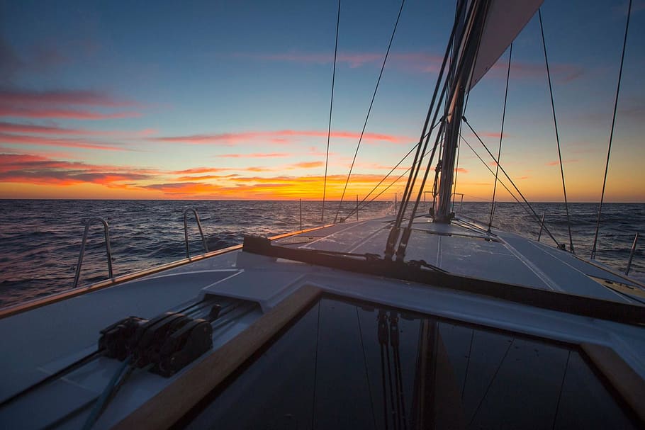 boat on body of water, sailing, landscape, sunset, orange sky HD wallpaper