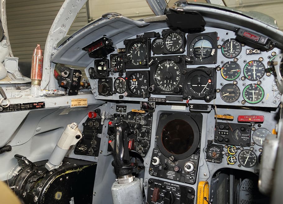 gray plane cockpit, aircraft, fighter, instrument, panel, gauges, HD wallpaper