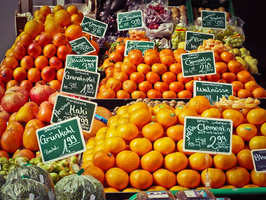 orange fruit lot, fruit stand, fruits, market stall, healthy, HD wallpaper