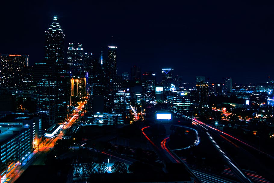 architecture, buildings, infrastructure, blue, sky, dark, night HD wallpaper
