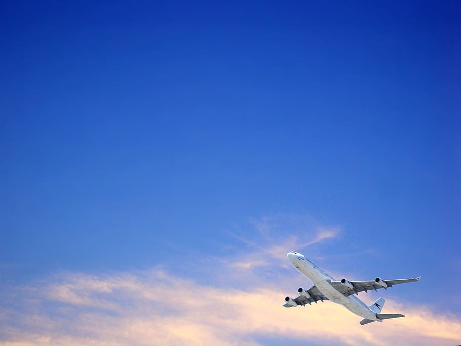 aerial view of airplane in sky, blue sky, clouds, nature, day HD wallpaper