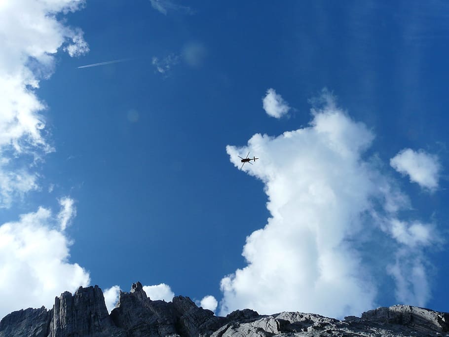 Helicopter, Cloud, Mountains, Clouds, sky, back light, tiny, HD wallpaper