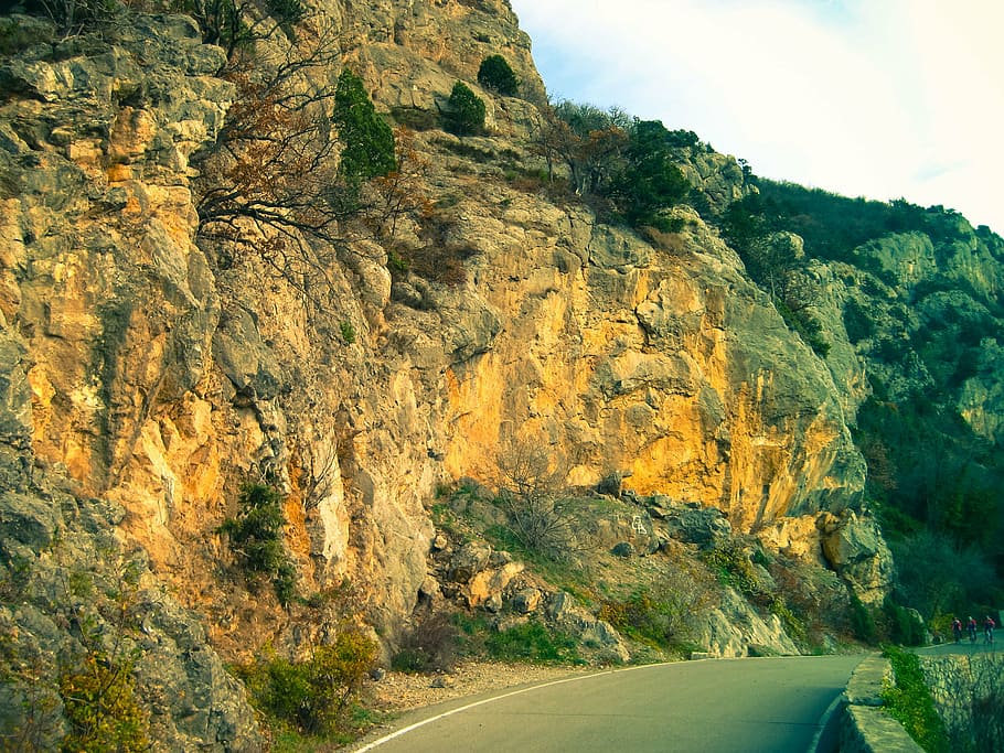 mountain, road, cyclists, rock, outdoor, lifestyle, nature HD wallpaper
